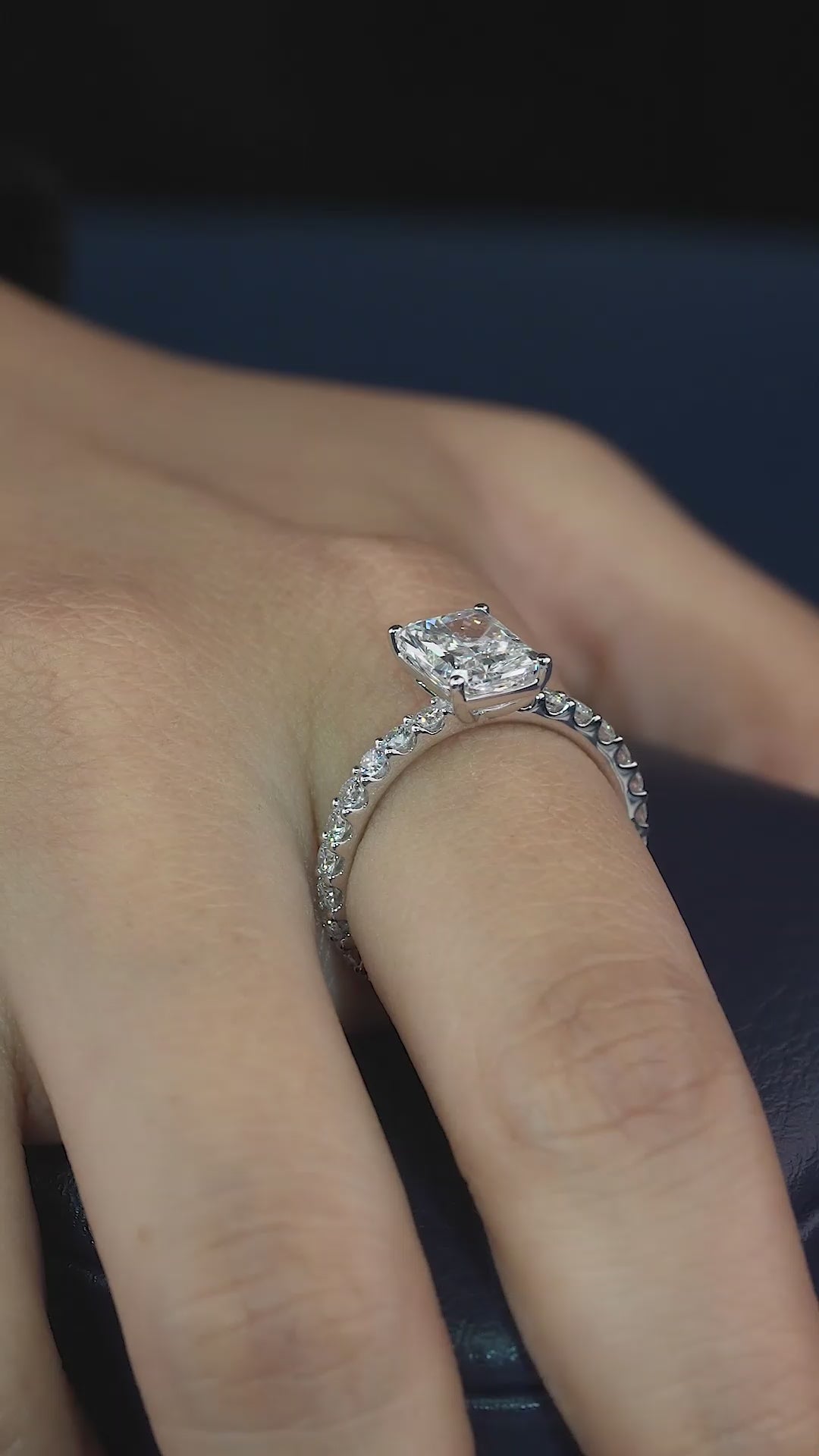 cushion cut diamond ring with anniversary ring style.
