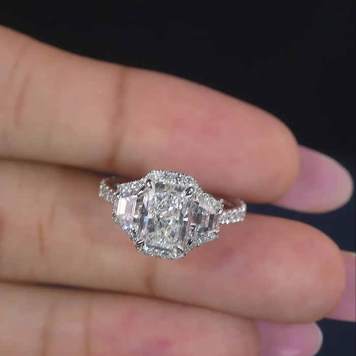 radiant cut engagement ring on unique ring style.
