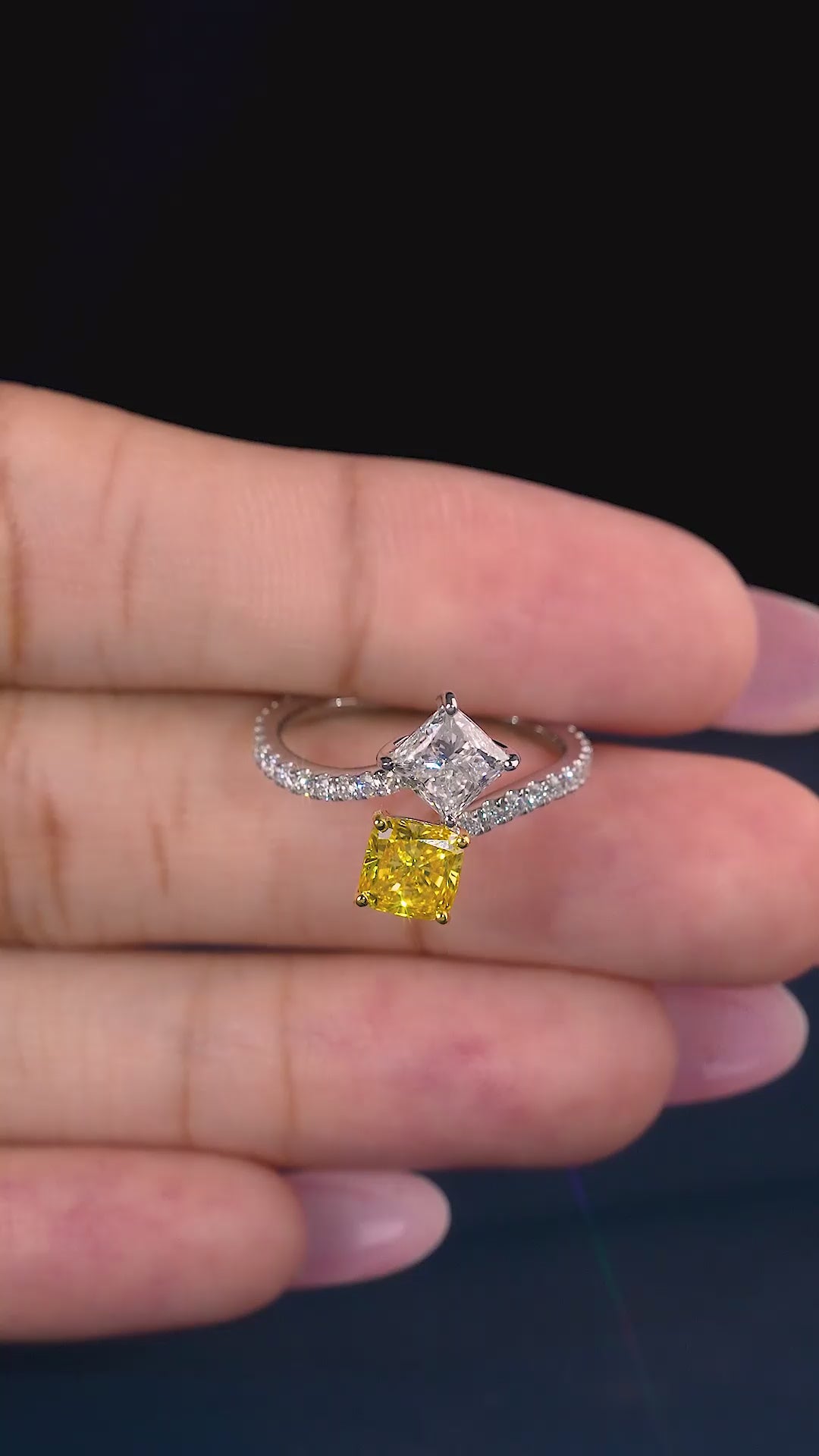 pave diamond ring with cushion engagement ring.
