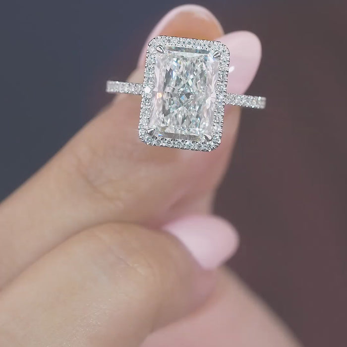 radiant halo engagement ring with lab diamond ring.
