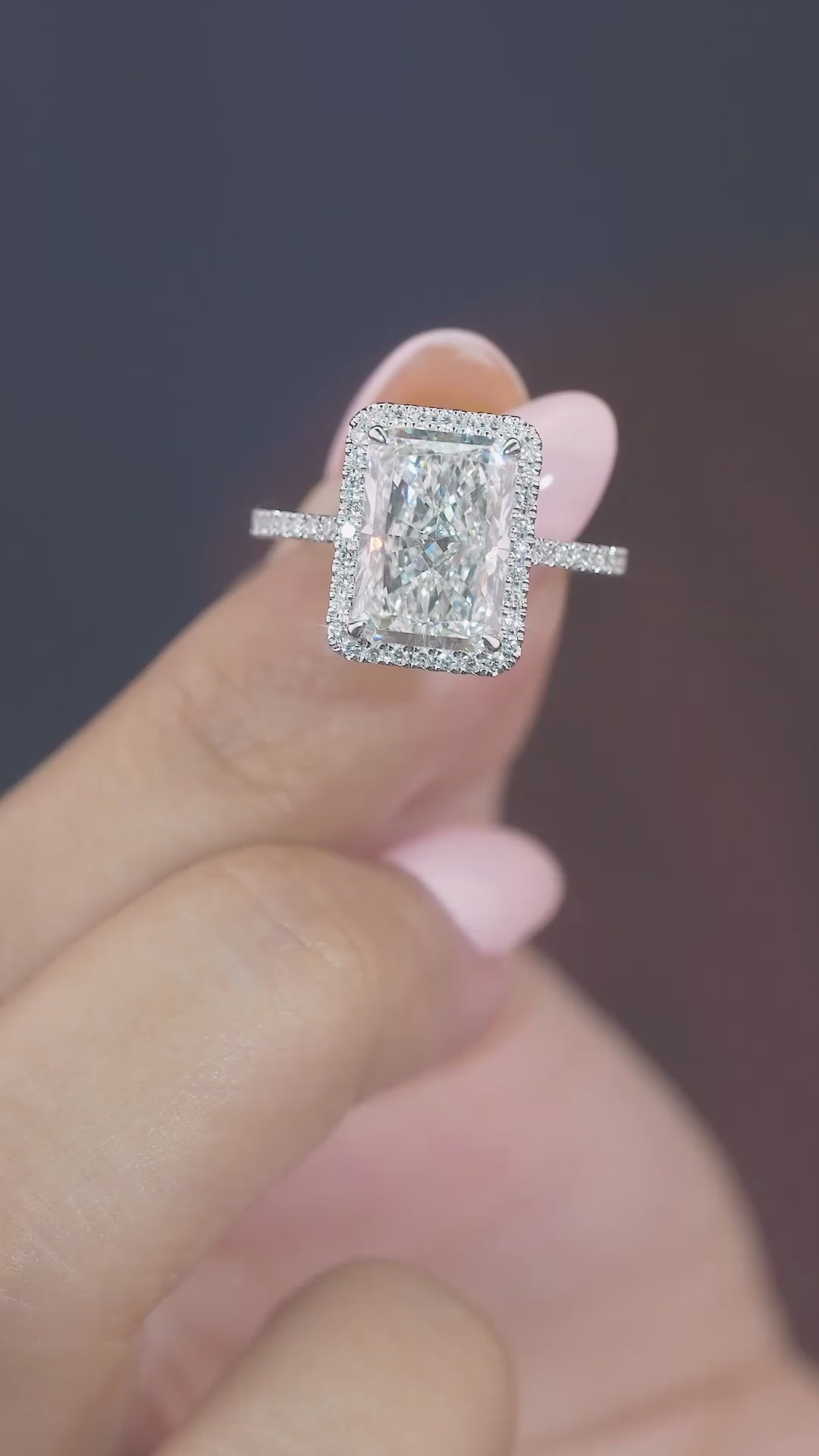 radiant halo engagement ring with lab diamond ring.

